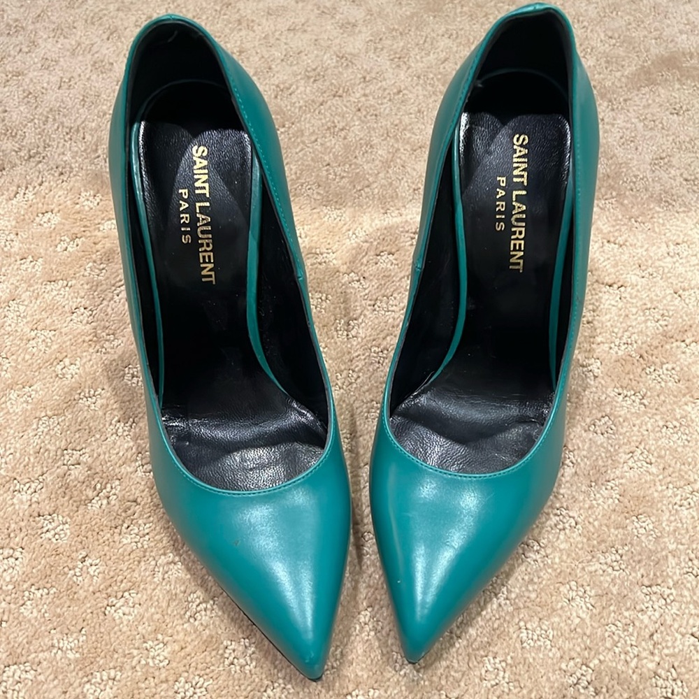 Yves Saint Laurent Teal Pointed-Toe Leather Pumps